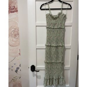 Worn once - Vici Be My Guest Floral Smocked Ruffle Midi Dress in Sage - SMALL